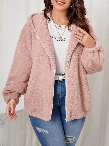 

plus drop shoulder zipper hooded flannel jacket a5lo#, Black