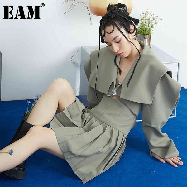 

[eam] women green big size short blazer notched long sleeve loose fit jacket fashion spring summer 1dd7062 210512, White;black