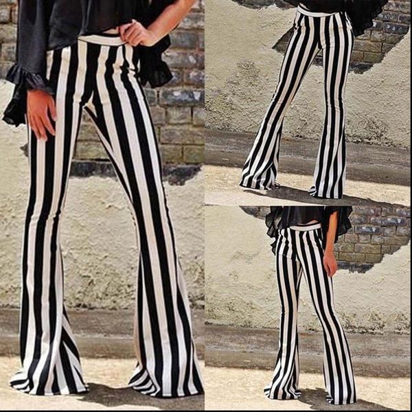 

striped women pant wide leg for elastic high waist large size long trouser autumn fashion flare pants ol clothes, Black;white