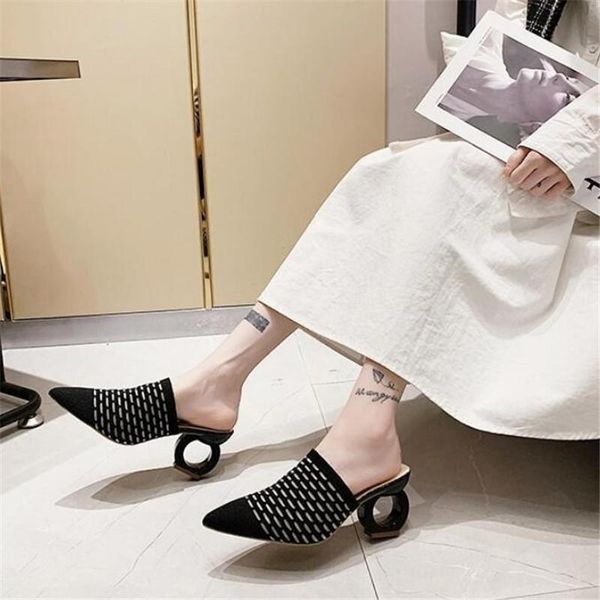 

slippers plus size 43 fretwork heels pointed toe women shoes stretch fabric air mesh mules flip flop slip on slides 7cm, Black
