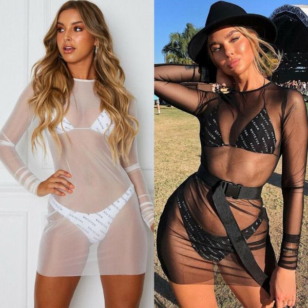 Roupa de banho feminina Sexy Mesh Transparente Biquíni Cobertura Feminina Sarong Fato de banho Praia Minivestido Fatos de Natação Coberturas