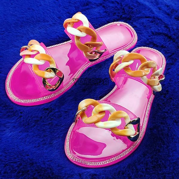 

summer women pvc chain slippers fashion transparent jelly sandals ladies bright diamond slides outdoor casual beach flip flops, Black