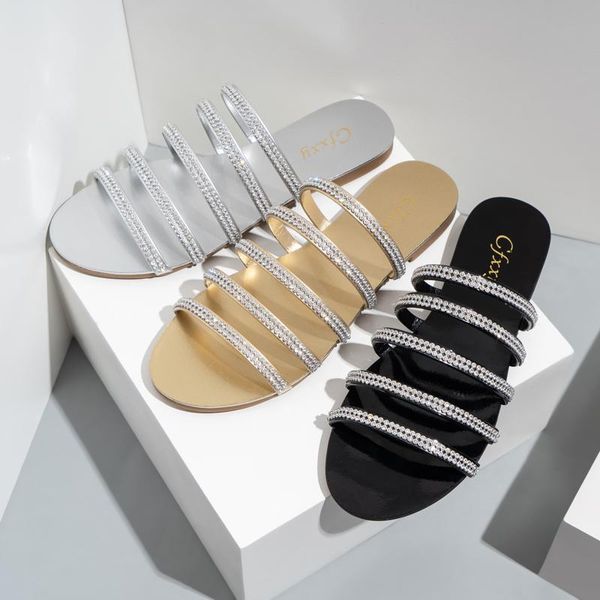 

slippers women's flat narrow band rhinestone open ladies shoes outdoor fashion casual flip flop summer ladie roman flats mules, Black