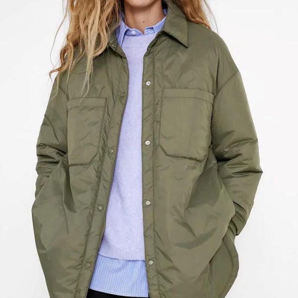 

women's down & parkas women jacket chunky thin long coat khaki pocket female oversize overshirt button sleeves outwear armygreen, Black
