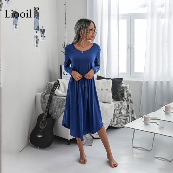 

dress casual loose knit maxi dress women asymmetric drawstring lace up o neck female solid autumn pullover long dresses y6j0, Black;gray