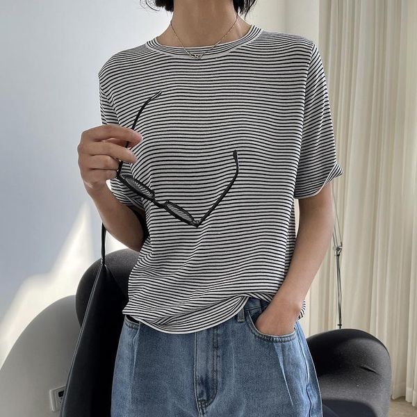 

women's t-shirt summer women casual striped round neck short sleeve loose, White