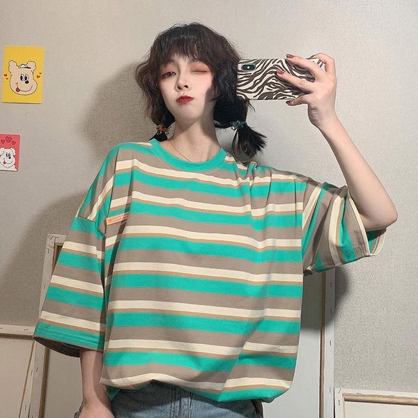 

women's t-shirt oversize summer loose women 2021 korean striped o-neck plus size 2xl casual female short sleeve cotton shirt, White