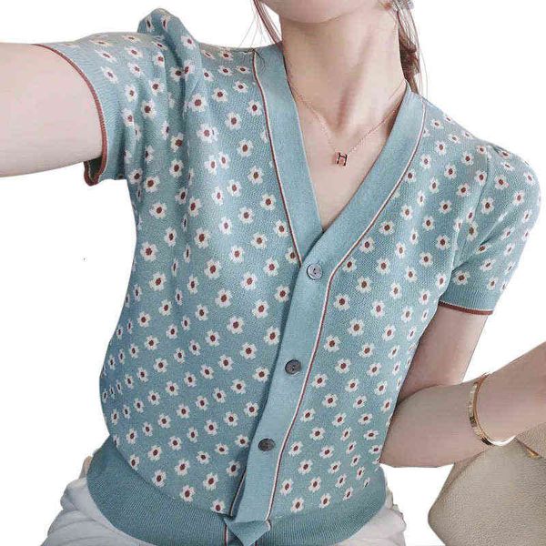 

women's sweaters elegant french knitting cardigan women's 2021 spring and summer frh floral short sleeve top, White;black