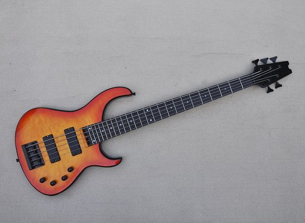 

5 strings orange electric bass guitar with quilted maple veneer,rosewood fretboard,can be customized