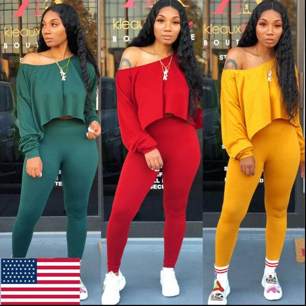 

women tracksuits fashion 2piece outfits long sleeve and slim pant off shoulder crop pants tracksuit set casual lady jumpsuit, Gray