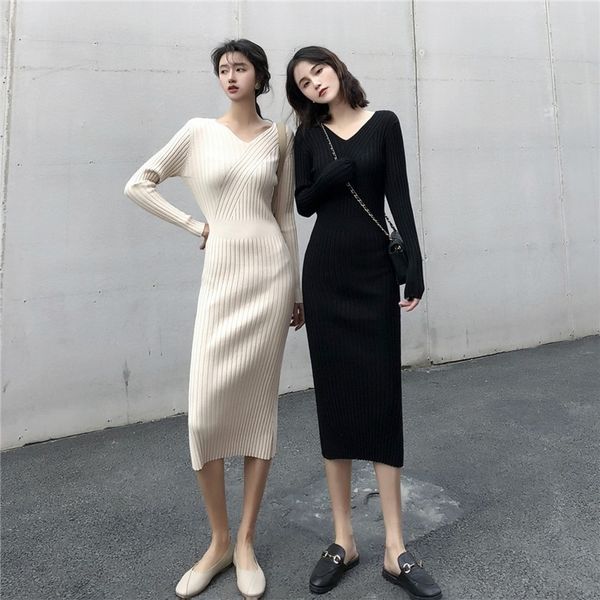 

women's knitted maxi 2021 casual winter with low-necked v-neck thin sleeves long es ji9a, Black;gray
