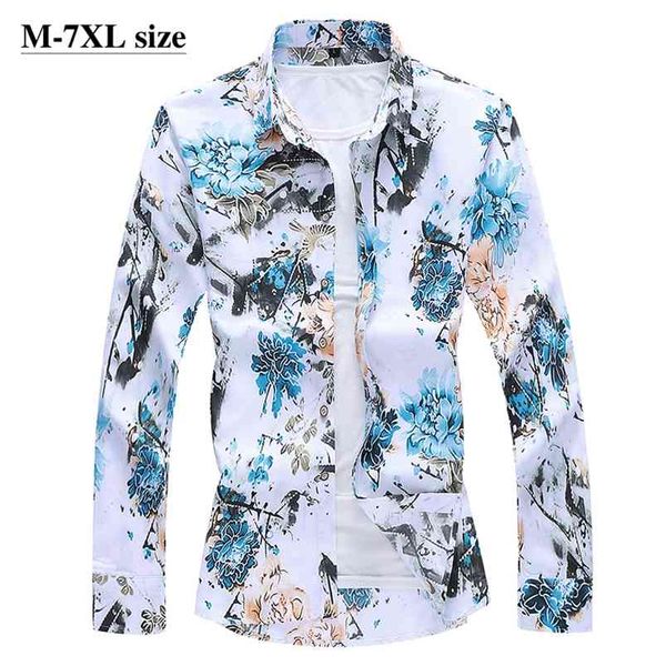 

autumn men's long sleeve flower shirt chinese style printing fashion business slim fit casual shirts plus size 5xl 6xl 7xl 210714, White;black