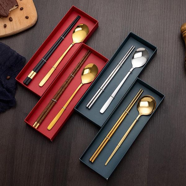 

dinnerware sets 2pcs/4pcs fine stainless steel cutlery set gold kit spoon fork chopsticks knife with gifts box tableware drop