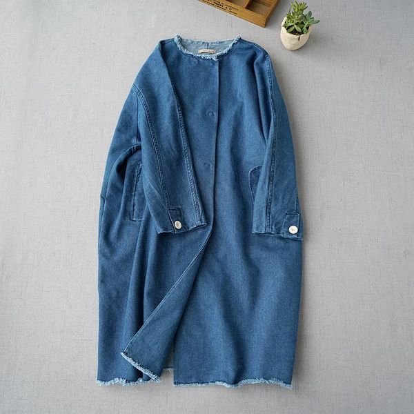 

women's trench coats autumn and winter wide texture denim coat medium length thin windbreaker casual robe, Tan;black