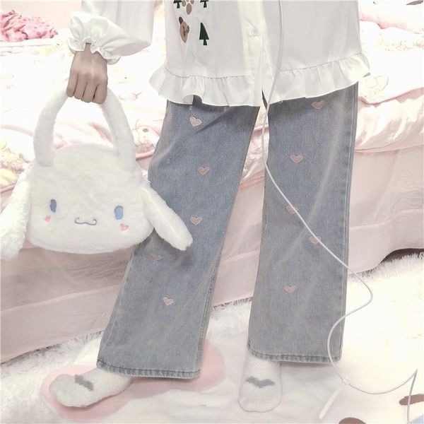 

women's pants & capris sweet cute soft pink love jeans women 2021 autumn winter straight wide leg loose high waist slim all-match femal, Black;white