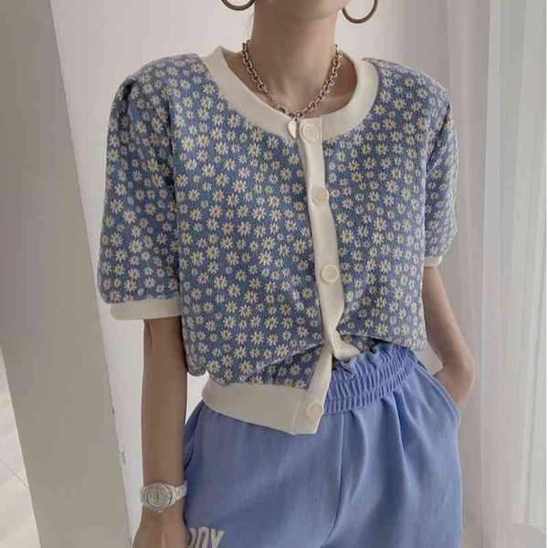 

chic korean gentle sweet contrast o neck puff short sleeve daisy jacquard cardigan jumpers single-breasted loose knitted 210429, White