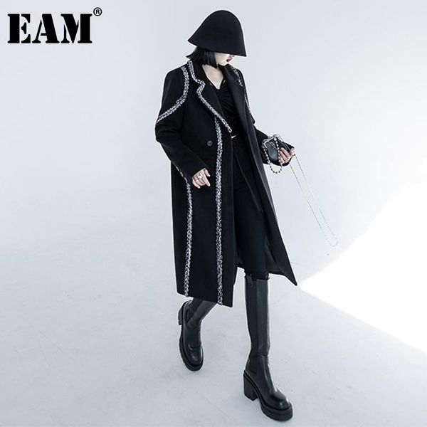 

women's wool & blends [eam] loose fit black titched big size woolen coat parkas long sleeve women fashion tide autumn winter 2021 1de37