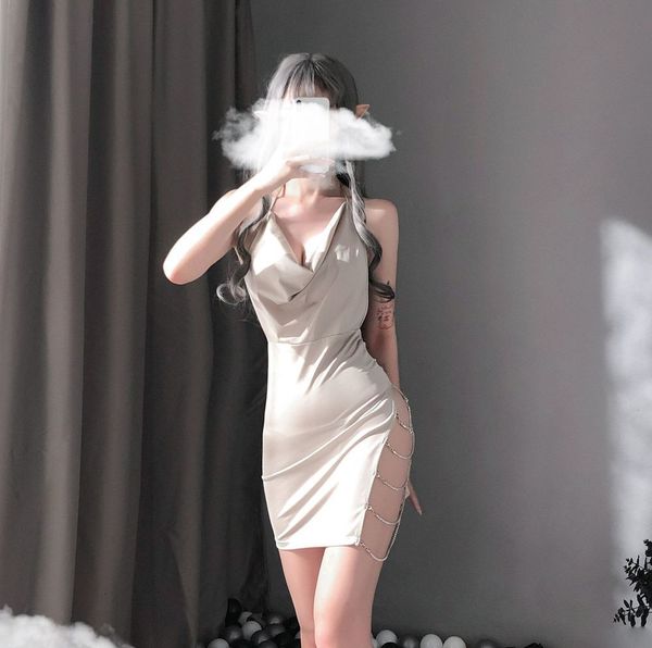 

new satin chiffon ice silk condole dress with side aluminum chain split open back home nightclub cute girl skirt, Black;white