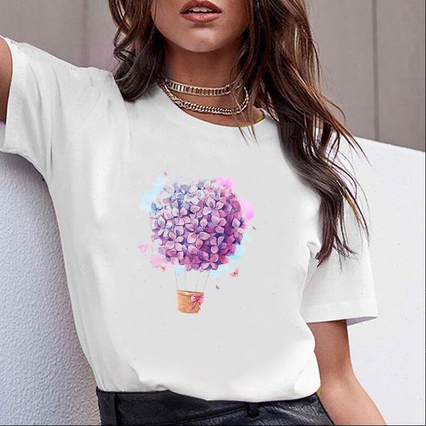 

women t shirts clothes print flower balloon sweet summer short sleeve tshirt printed shirt casual female woman tee, White