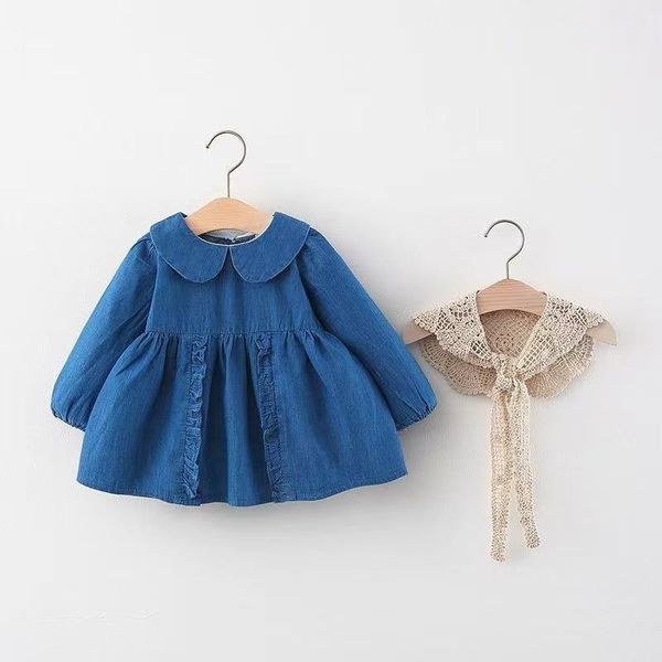 

girl's dresses autumn baby girls long sleeve lapel collar denim jeans pleated children kids dress + lace cape vest 2pcs clothes vestido, Red;yellow