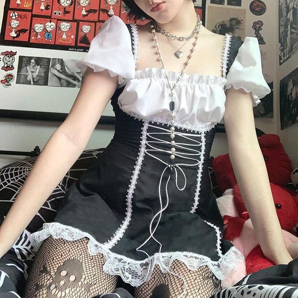 

casual dresses women dress gothic bandage vintage black white patchwork corset harajuku lace summer mini puff sleeve elegant party, Black;gray