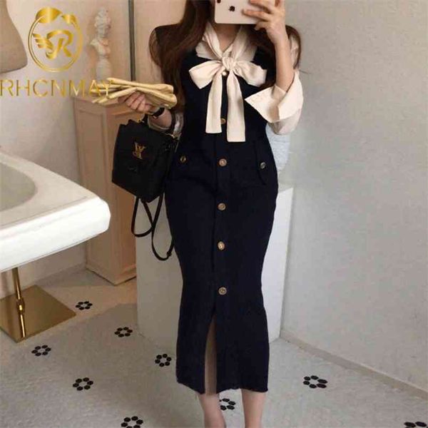 

office lady fashion chic slim puff sleeve bow blouse tweed single-breasted split tank dress vintage elegant 2 piece set 210506, White
