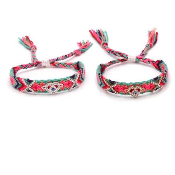 

tennis diamante love heart evil eye luck charm adjustable friendship bracelet women men pink green embroidery string macrame jewelry, Golden;silver
