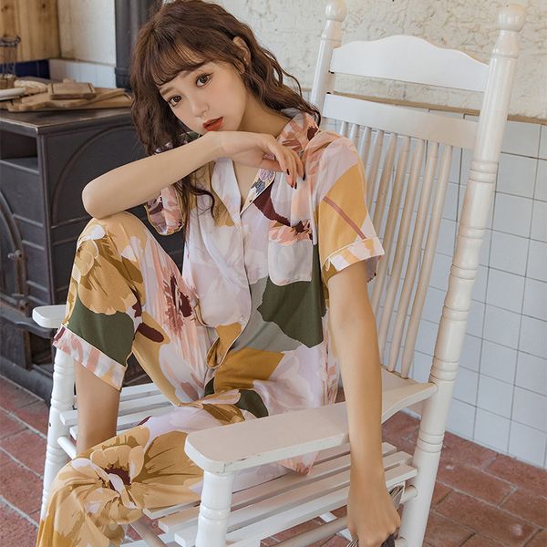 

women's sleepwear summer thin pyjamas women short sleeve trousers cotton pajamas sweet print nightwear zj2h, Black;red