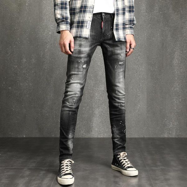 

men's jeans washing men streetwear slim ripped denim trousers designer hip hop punk biker man elasticity pencil pants, Blue
