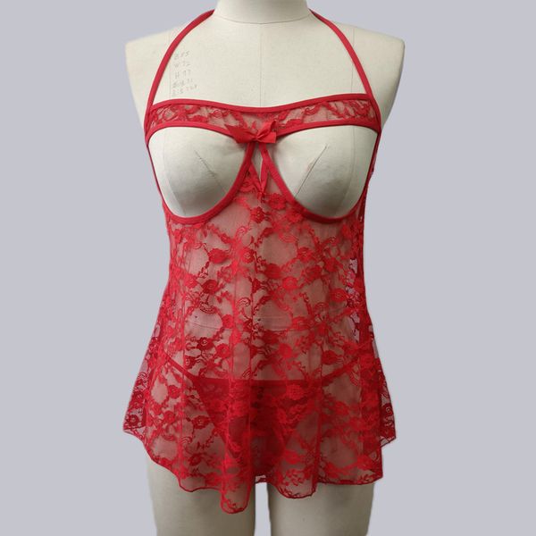 

large size open breast lace underwear seduction fun suit no steel ring perspective pajamas, Black;white