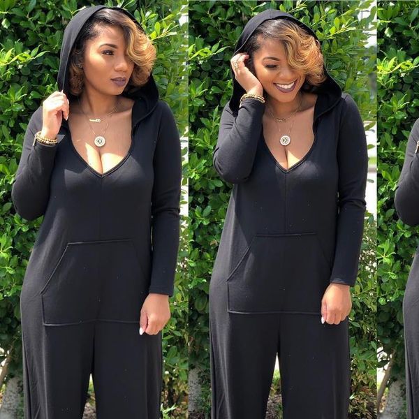 

women loose jumpsuit pocket black overalls long sleeve hoodies rompers wide leg jumpsuits female tracksuit mujer wdc1925, Black;white
