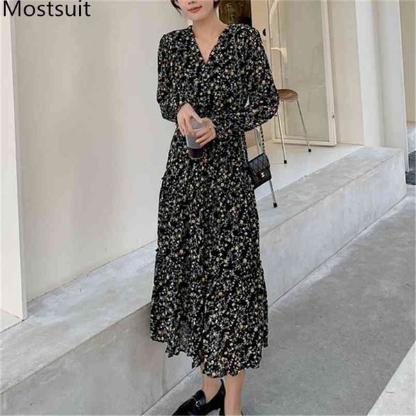 

printed chiffon women long dress autumn full sleeve v-neck elastic waist a-line midi dresses vintage elegant korean vestido 210513, Black;gray