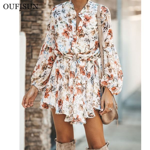 

fashion white ruffled vintage print irregular dress autumn clothing lantern sleeve elegant chiffon lace up slim streetwear 210517, Black;gray