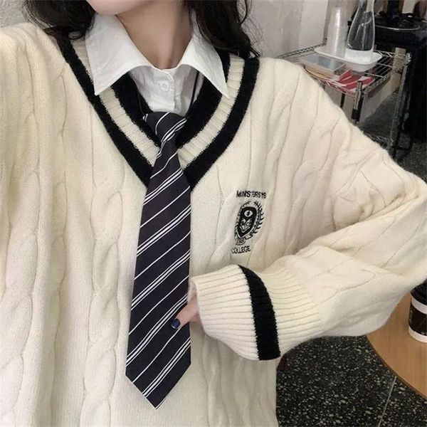 

women's sweaters women winter solid cardigan oversized harajuku jk uniform loose knitwear embroidery student sweet kawaii sweater femal, White;black