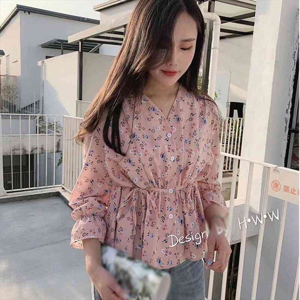 

womens v-neck chiffon shirt long sleeve korean style ladies floral print summer sweet blouses, White