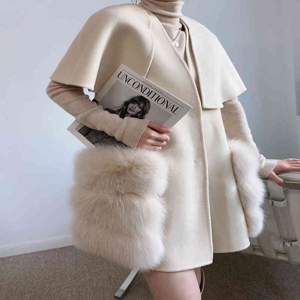 

women's jackets double faced cashmere wool mixes shawl woman jacket 2021 natural fashion leather shredded, Black;brown