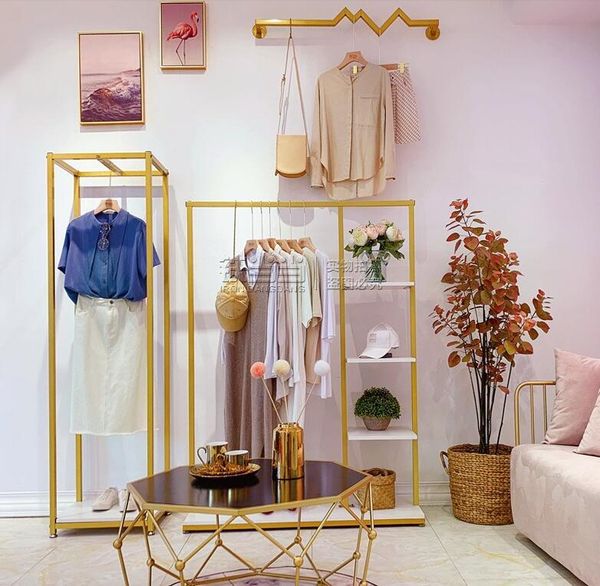 

clothing rack floor type display simple side shelf shop gold women's clothes hooks & rails
