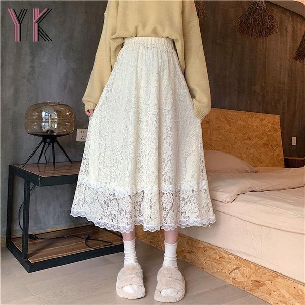 

skirts black lace elastic high waist stitching midi skirt white japanese sweet aesthetic fairy long 2021 vintage women clothing
