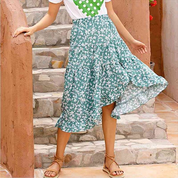 

summer high waist midi skirts for women fashion green black floral long skirt casual woman chiffon a line skirt