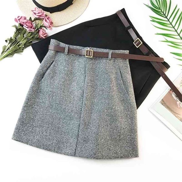 

spring new arrival vintage temperament high waist a-line office skirts womens with belt woolen mini skirt 210319, Black