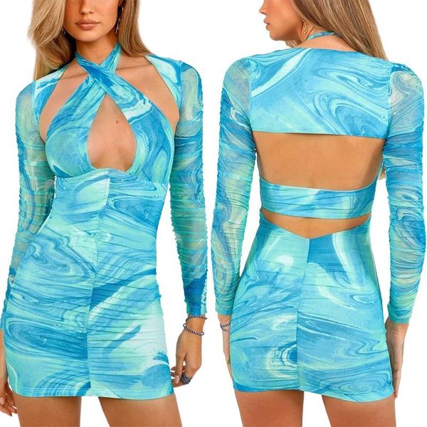 

casual dresses 2021 woman dress long sleeve backless hollow out halter-neck bodycon sheath mini clothes, Black;gray