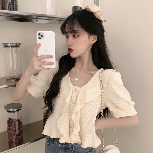 

women's t-shirt ruffles short sleeve t shirts solid summer fashion brand button tees women clothing korean sweet style v-neck loose, White