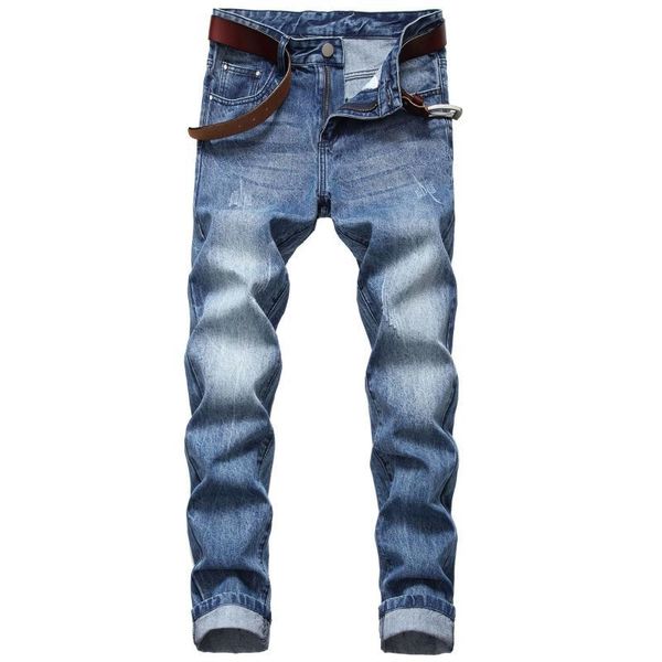 

men long light colored denim jeans trousers fashion new jeans straight slim fit stretch cotton pants, Blue