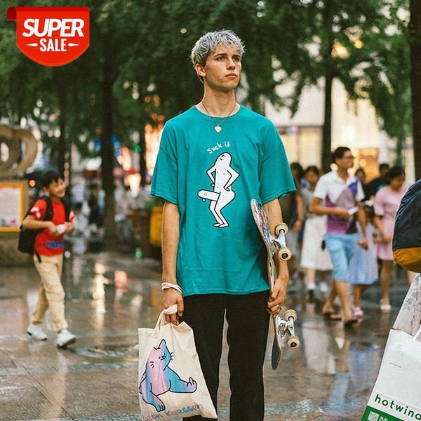 

hip-hop street skateboard brand dirty villain print blue cat personality round neck short-sleeved t-shirt #b47z, White;black