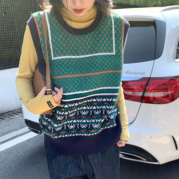 

2 colors 2021 autumn and winter korean style o neck vintage knitted sleeveless vest sweaters womens pullovers womens (c9883), White;black