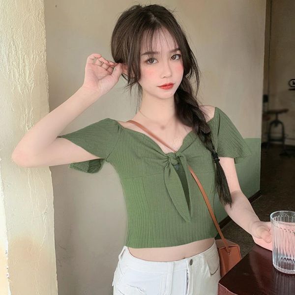

women's t-shirt casual knitted short sleeve solid v neck tee summer bow slim exposed navel, White