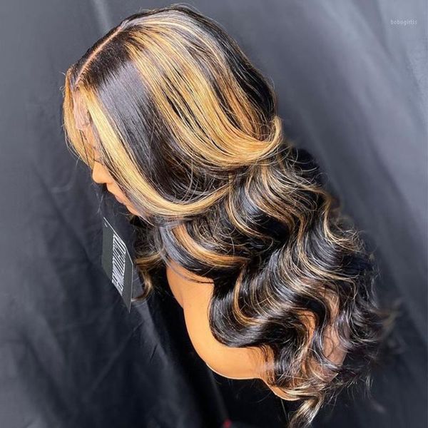 

ombre highlight colored wavy human hair wig bleach knots remy brazilian natural hairline hd transparent lace with baby hair1, Black;brown