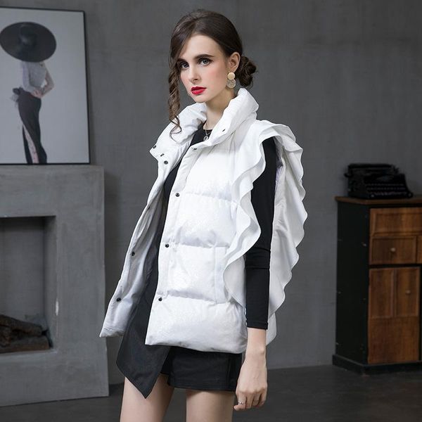 

women's vests fashion ruffles sleeveless down jacket women 2021 winter ladies thick warm waistcoat white duck vest coats outerwear, Black;white