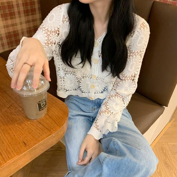 

women's knits & tees autumn hollow out knitted cardigan fashion solid sunscreen long sleeve sweater single breasted causal loose street, White