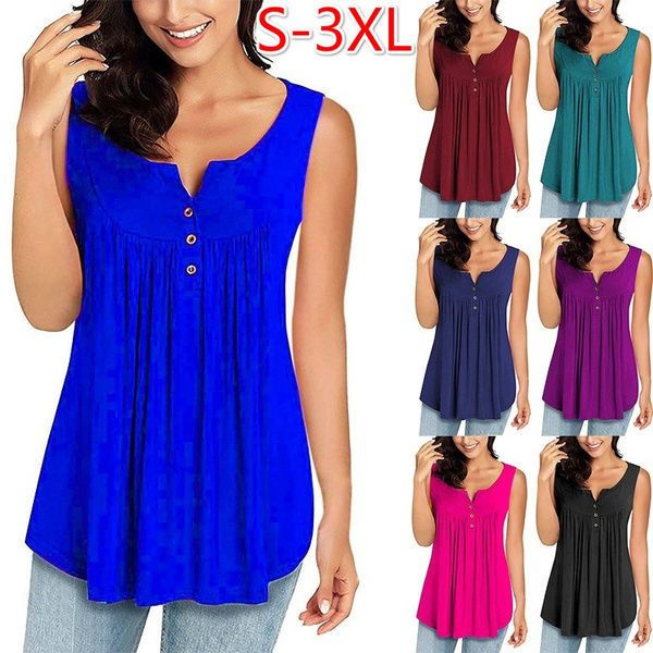 

womens fashion clothes plus size button down shirts sleeveless t-shirts ladies pure color blouses loose pleated casual tank, White